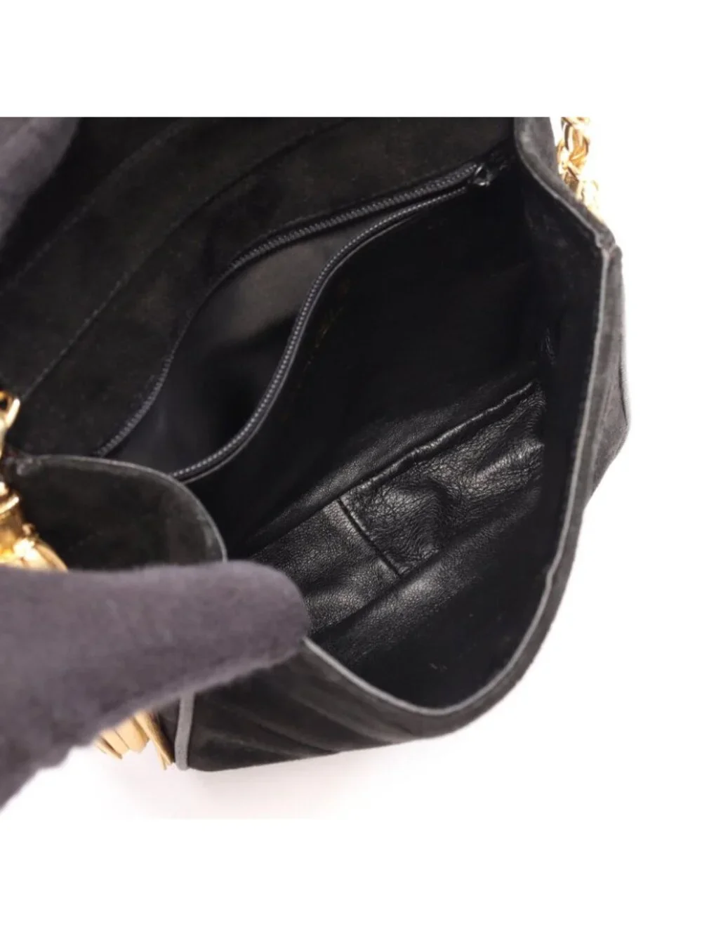 Chanel Shoulder Bag CC Logo Diamond Stitch Black Suede Fringe Mini Chain